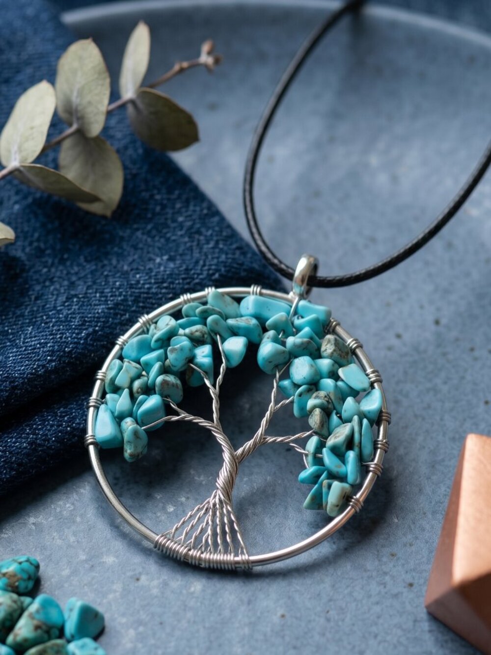 Genuine Turquoise Tree of Life Wire Wrapped Pendant Necklace Boho Statement 20"